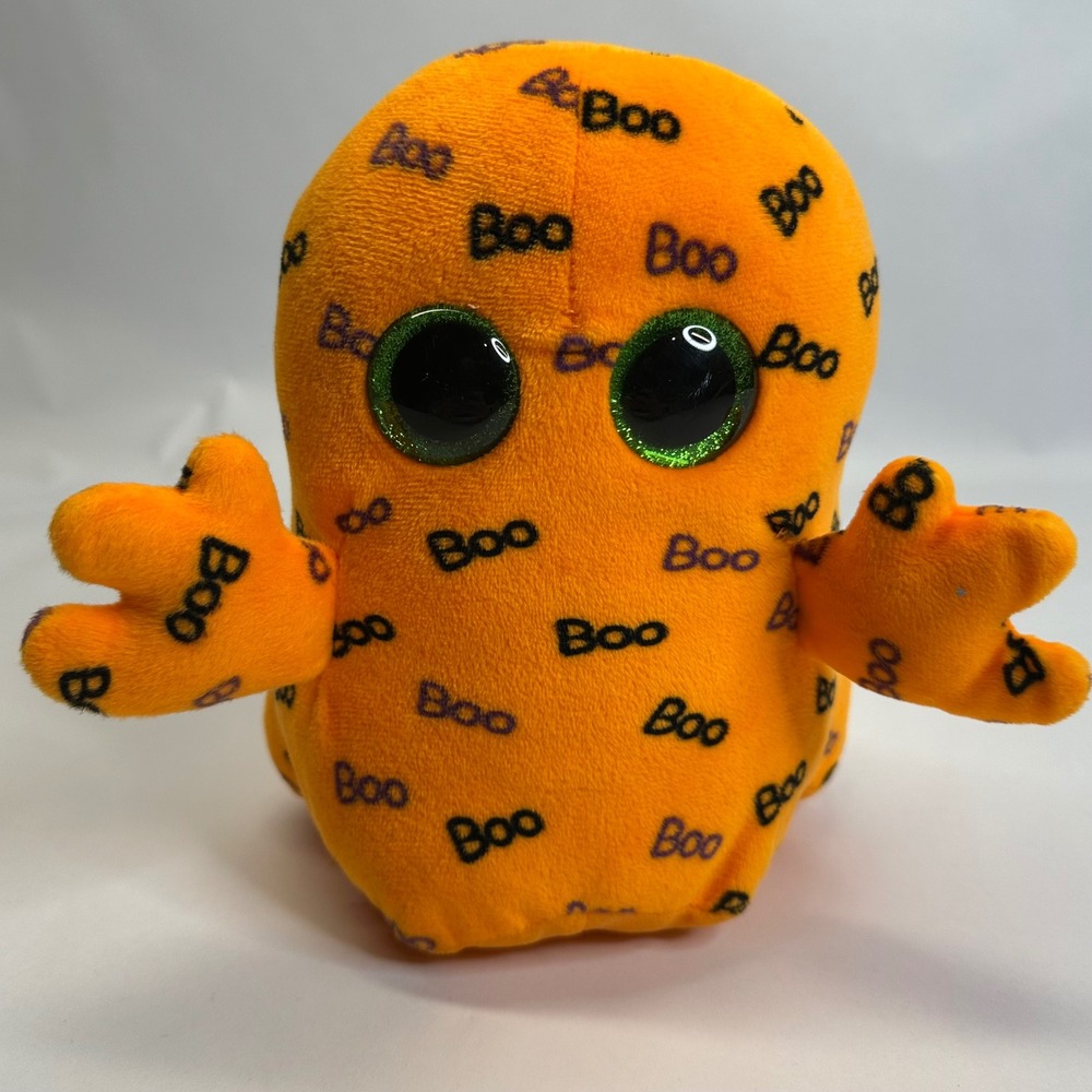 Ty Beanie Boos Ghoulie Orange Ghost Halloween Plush Boo Print Green Glitter Eyes